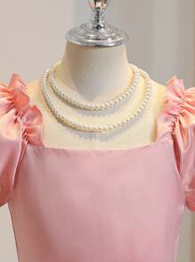 SHEIN Tween Girl 薄纱提花 A 字形连衣裙，鸡心领泡泡袖，褶皱腰身，喇叭裙，适合情人节、婚礼、生日派对的特殊场合连衣裙 - 粉色 - 查看 3