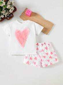 2pcs/Set Girls' Valentine's Day Heart Mesh Decor Cute Sweet Pink 3D Heart Short Sleeve Top And Heart Print Shorts Set - Multicolor - View 5