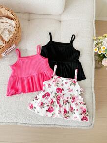 SHEIN LMoss Kids 3er Set süßer Baby Mädchen Floral Strick Volant Träger Top, vielseitiger Sommer Outfit