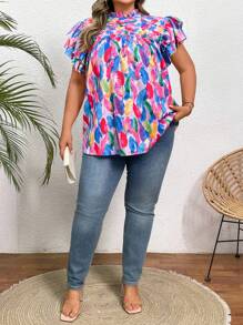 SHEIN CURVE+ 大码女式休闲花卉印花双荷叶边袖宽松衬衫，夏季波西米亚风度假