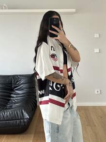 StreetHx Áo sơ mi ngắn tay in họa tiết tiếng Anh thời trang dạo phố mùa hè dành cho nữ - Màu be - Xem 4