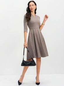 EMERY ROSE 女士春夏 V 领 3/4 袖几何针织嵌花提花优雅通勤连衣裙 - 彩色 - 查看 1