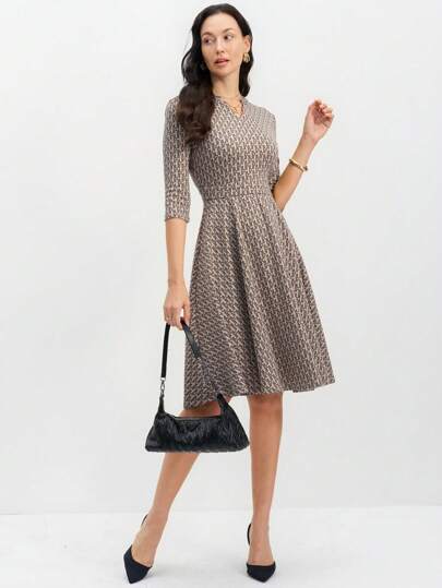 EMERY ROSE ชุดเดรสสำหรับผู้หญิง ฤดูใบไม้ผลิ/ฤดูร้อน คอวี แขน 3/4 ลายเรขาคณิตทอ jacquard สง่างาม สำหรับการเดินทางไปทำงาน