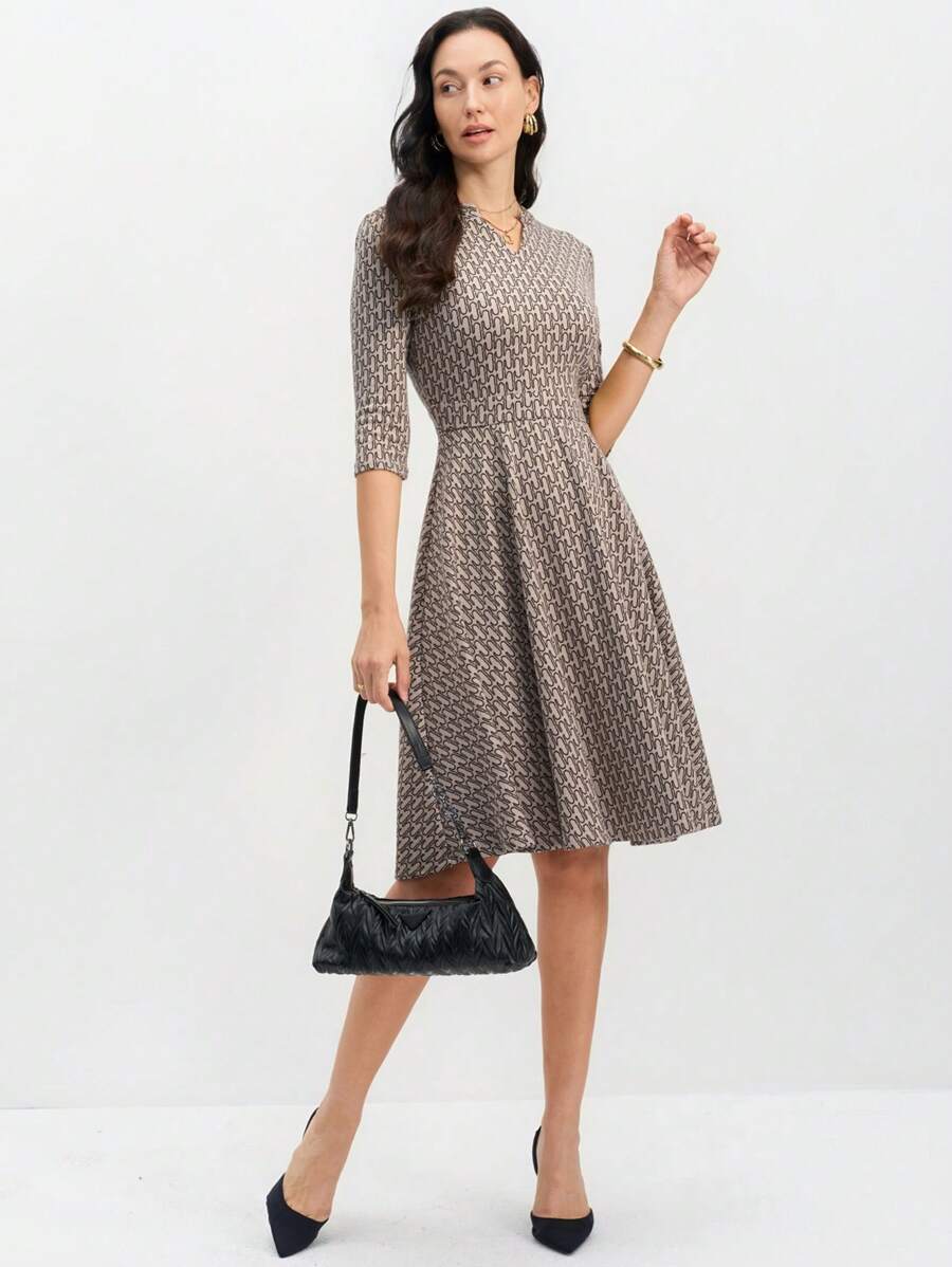 EMERY ROSE 女士春夏 V 领 3/4 袖几何针织嵌花提花优雅通勤连衣裙 - 彩色 - 查看 1