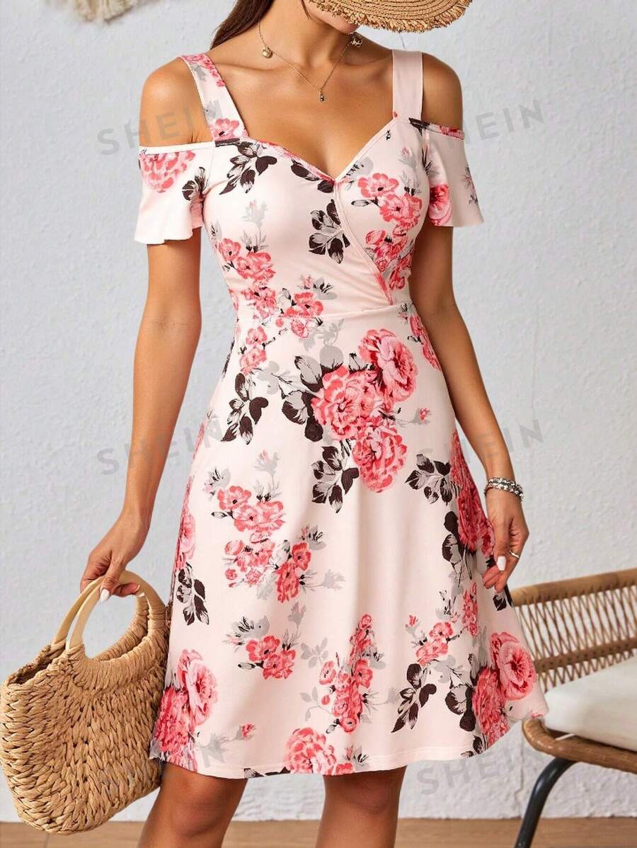 SHEIN VCAY Vestido camisero femenino de línea A con cuello en V, tirantes gruesos y calados, romántico y veraniega para vacaciones