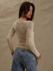 MUSERA Textured Knit Button Down Fitted Long Sleeve Top Spring Cute Casual Spring Y2K 90's Casual Cute Butter Yellow Butter Wouldn't Melt Chic - Yellow - View 3
