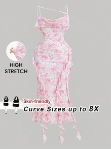 SHEIN CURVE+ CURVE PLUS /Ngày Valentine/Đầm nữ cỡ lớn mùa hè màu hồng lãng mạn xếp nếp thanh lịch, đầm dự tiệc, đầm dạ hội, đầm đi học, đầm sinh nhật, đầm hẹn hò ngày Valentine - Hồng - Xem 1