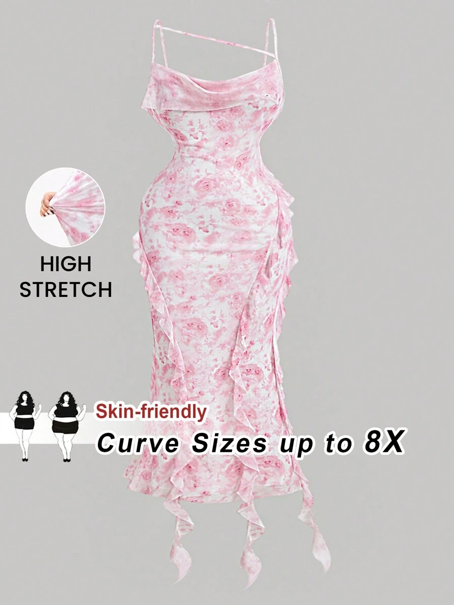 SHEIN CURVE+ CURVE PLUS /Ngày Valentine/Đầm nữ cỡ lớn mùa hè màu hồng lãng mạn xếp nếp thanh lịch, đầm dự tiệc, đầm dạ hội, đầm đi học, đầm sinh nhật, đầm hẹn hò ngày Valentine - Hồng - Xem 1
