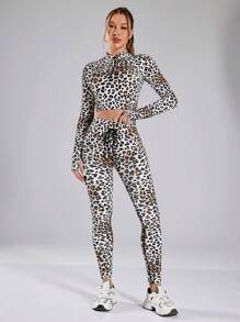 Gameset SHEIN Sport Completo sportivo da donna composto da Maglietta a maniche lunghe e leggings con stampa leopardata - Multicolore - Visualizzare 3
