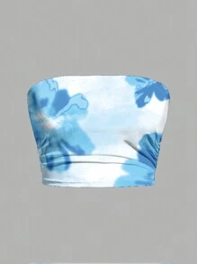 SHEIN BAE 2 件套女士花卉扎染/抹胸 2 件夏季度假套装/女士两件套/海滩装/女士沙滩装/女士度假装/度假/2 件套/女士套装/女士配套套装/狂欢装节日/度假两件套/2 件套夏季 - 淺藍色 - 查看 5