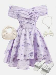 SHEIN Girlism Vestido morado con hombros descubiertos, cuello en V cruzado, drapeado, estilo línea A con capa, estampado floral pequeño en malla, estilo "chica limpia", lindo, para vacaciones, elegante, para primavera/verano, para adolescentes - Morado - Ver 1