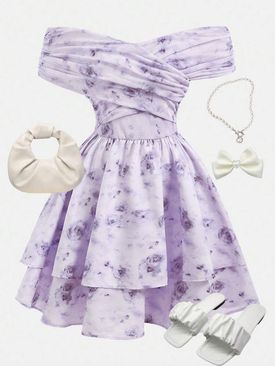 SHEIN Girlism Vestido morado con hombros descubiertos, cuello en V cruzado, drapeado, estilo línea A con capa, estampado floral pequeño en malla, estilo "chica limpia", lindo, para vacaciones, elegante, para primavera/verano, para adolescentes - Morado - Ver 1