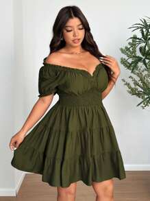 Vionelle Plus Size V-Neck Chiffon Puff Sleeve Ruched Dress - Army Green - View 2