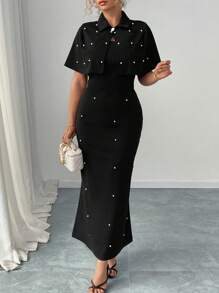 Celure Große Größen 2-teiliges Set: Jacke mit Stickerei-Verzierung in Unifarbe & Enges langes Kleid