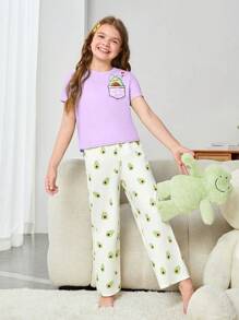 SHEIN Leap Crew Ensemble de pyjamas casual pour jeunes filles avec t-shirt ajusté à manches courtes à col rond en couleur unie et pantalon ample à imprimé amusant