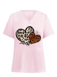 PopScrub V-Neck Short Sleeve Pocket Heart Print Nurse Scrub Uniform Top - White - View 5