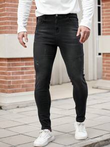 Manfinity Homme Men's Black Skinny Distressed Jeans - Black - View 4