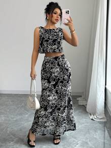 Elenzga Women 3D Floral Sleeveless Top & A-Line Skirt Bohemian 2 Pieces Set