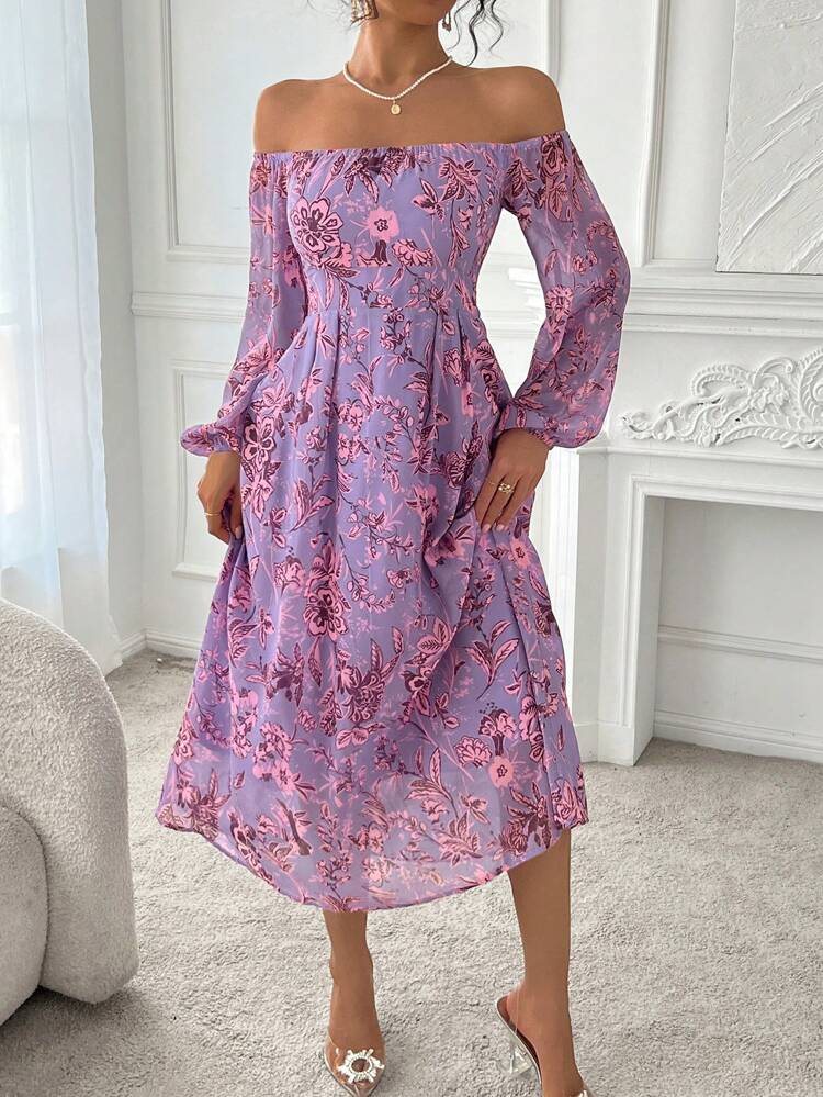 Vacation Beach Off Shoulder Chiffon Full Floral & Plant Print Women's Dress Prom Dress,Fall Dress Long Sleeve Dress Boho