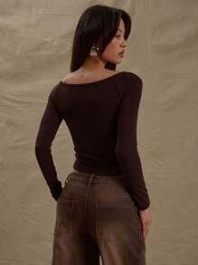 MUSERA Off Shoulder Bardot Fitted Long Sleeve Top Valentine Cute Fall Spring Summer - Coffee Brown - View 3