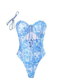 SHEIN Swim Women Halter Detachable Strap Random Blue & White Print Drawstring Hollow-Out Design Bohemian Summer Beach Vacation Resort One-Piece Swimsuit - Blue and White - View 5