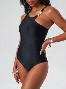 SHEIN Swim Women's Black Sexy Bodycon Elegant Athletic One-Piece Swimsuit Beachwear For Summer Beach Vacation
