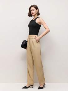 BizChic 女士纯色口袋褶皱简约休闲裤，日常穿着 - 卡其色 - 查看 3