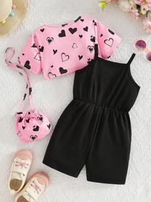 SHEIN 2 件套年轻女孩迷你心形装饰可爱短款连体衣套装 - 短款上衣 + 卡通毛皮图案背带裤，配迷你斜挎包，夏季