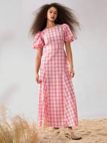 Athîral Women's Round Neck Short Puff Sleeve Open Back Red Gingham Plaid Casual Dress Elegant