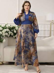 Modelyn High-End Fashion Elegant Printed Patchwork Satin Waistline Flared Hem Dress - Multicolor - View 5