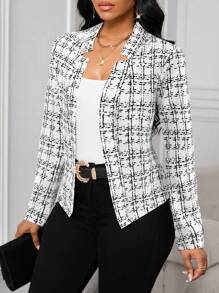 SHEIN Lady 女士优雅格纹印花开襟西装外套（秋冬款） - 白色 - 查看 6