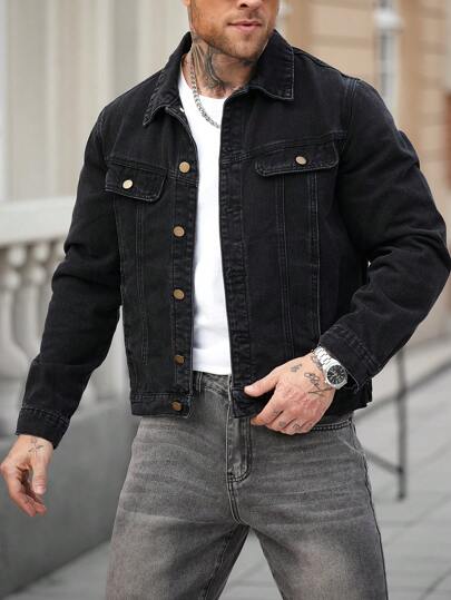 Manfinity Homme Men's Black Washed Vintage Denim Jacket Hang Out Street Going Out Work
