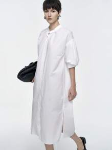 Aalyst 女式长款立领泡泡袖纽扣衬衫，宽松版型，春夏 - 白色 - 查看 1