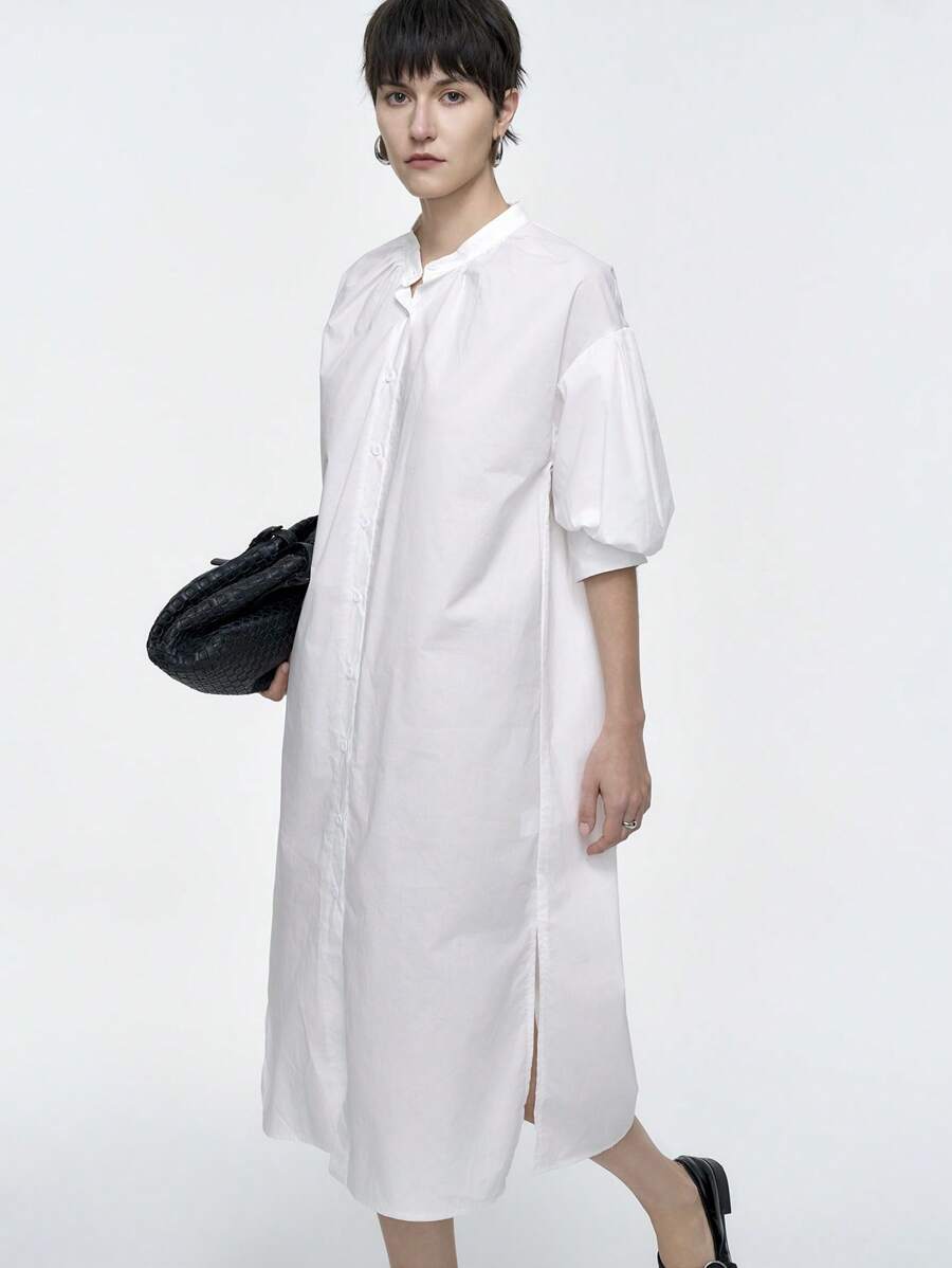 Aalyst 女式长款立领泡泡袖纽扣衬衫，宽松版型，春夏 - 白色 - 查看 1