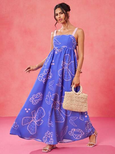 VALERIA GALIPOLI 设计师蓝色花卉印花粉色长款太阳裙，适合女士、节日、热带、夏季、海滩、音乐会、优雅、度假、波西米亚风、音乐会服装春装夏季礼服舞会礼服优雅晚礼服女士蓝色长款舞会礼服婚礼早午餐服装茶会礼服柔和色调狂欢服装