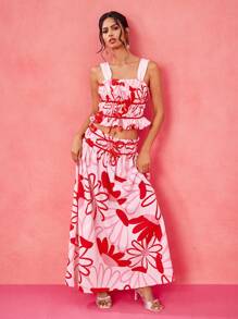 VALERIA GALIPOLI Designer Pink Playful Floral Print Ruffle Elastic Waistband Bow Ruched Vacation Maxi Skirt, High Waisted Skirt Festival, Ibiza Fits Summer Casual Cute BOHO Brunch Women Cruise Skirt