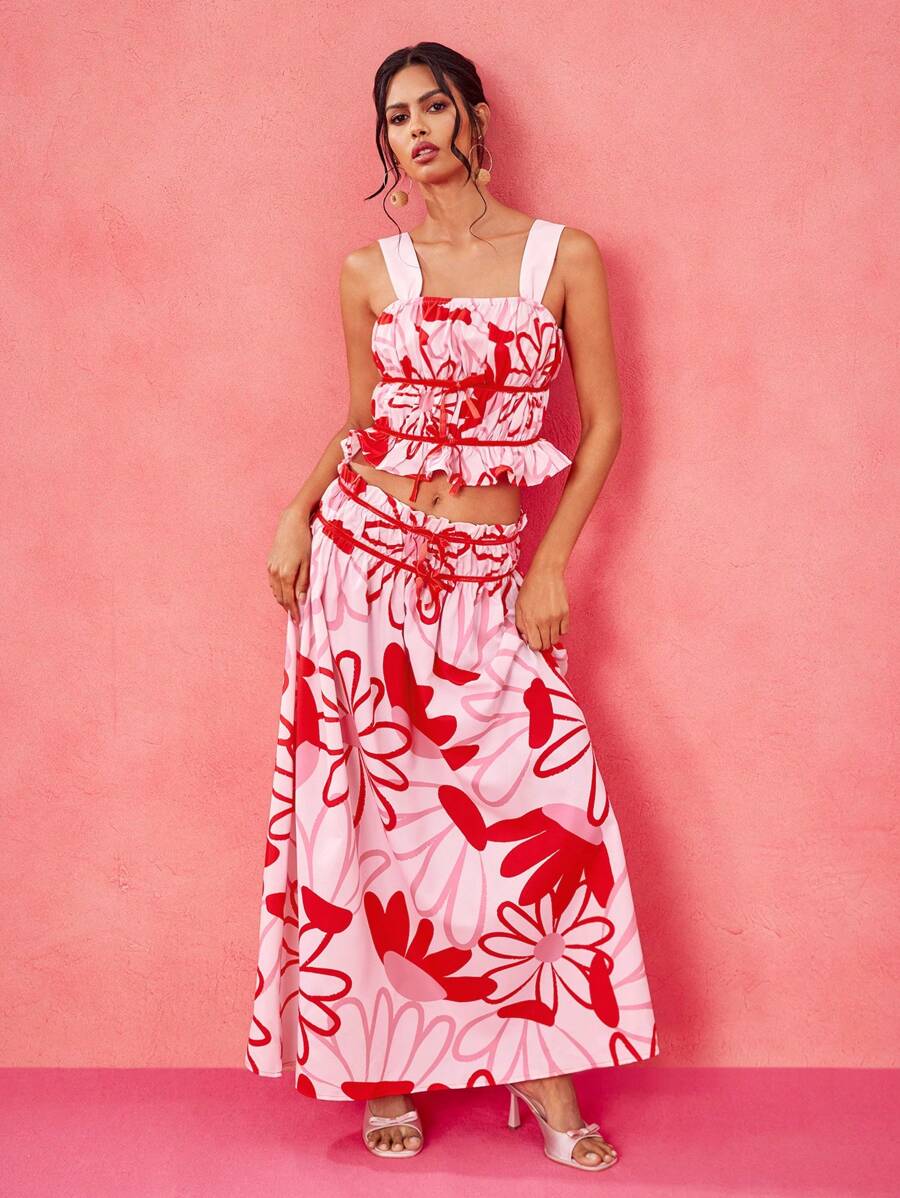 VALERIA GALIPOLI Designer Pink Playful Floral Print Ruffle Elastic Waistband Bow Ruched Vacation Maxi Skirt, High Waisted Skirt Festival, Ibiza Fits Summer Casual Cute BOHO Brunch Women Cruise Skirt