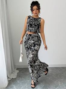 Elenzga Women 3D Floral Sleeveless Top & A-Line Skirt Bohemian 2 Pieces Set