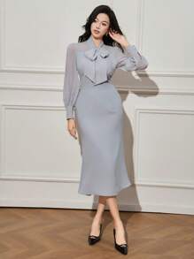 DAZY 女士中长连衣裙，带荷叶边领、泡泡袖和褶饰细节，优雅秋季长袖连衣裙