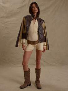 MUSERA 修身针织长袖高领超短迷你连体裤，春季可爱奶油黄时尚款