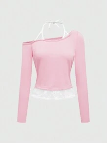 ROMWE Kawaii Crop top con tirantes de espagueti, lazo y contraste de colores, estilo Y2K sexy - Rosa - Ver 1