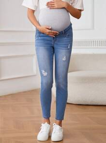 SHEIN Maternity Casual Washed Distressed Skinny Jeans - Light Wash - View 7
