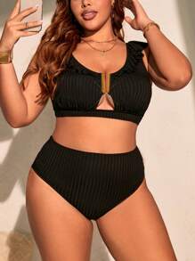 SHEIN Swim Curve Plus Size Women 2pcs Black Frill Trim U-Neck Drawstring Sexy Cutout Swimwear Bikini Set, For Summer Beach Vacation - Black - View 5