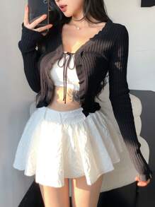 DAZY Women's Lace-Trimmed Drawstring Tie-Front Cardigan, Suitable For Dates,Fall Clothes - Black - View 1