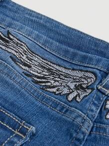 SHEIN 休闲少女纽扣前口袋喇叭牛仔裤 - 深色水洗藍 - 查看 4