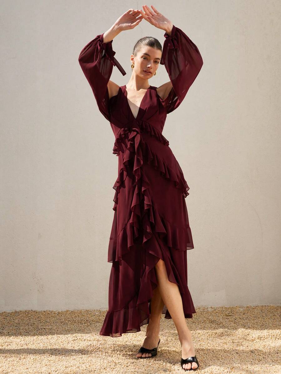 GENKIRA Vestido de gasa con cuello en V profundo sin tirantes, con volantes rojos, de manga larga, estilo italiano romántico para damas, adecuado para el Día de los Enamorados - Rojo - Ver 1