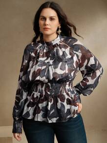 Anewsta 立领插肩袖镂空腰部花卉印花优雅现代衬衫上衣，节日、外出、女士度假装，春季 - 藏蓝色 - 查看 5