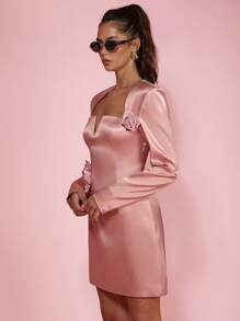 COSMINA Vestido mini elegante con volantes y adornos florales 3D en color rosa para mujeres, apropiado para primavera/verano - Día de San Valentín