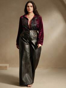 Anewsta Encore Red 优雅时尚长袖贴花天鹅绒亮面大码女式衬衫上衣，适合情人节和新年装扮