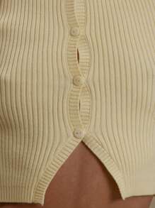 MUSERA Rib Knit Crew Neck Button Through Cropped Short Sleeve Fitted Top Spring Summer City Beach Resort Spring Cute Butter Yellow Airport Holiday Back To School Winter Everyday Chic Sweater Spring - Yellow - View 7